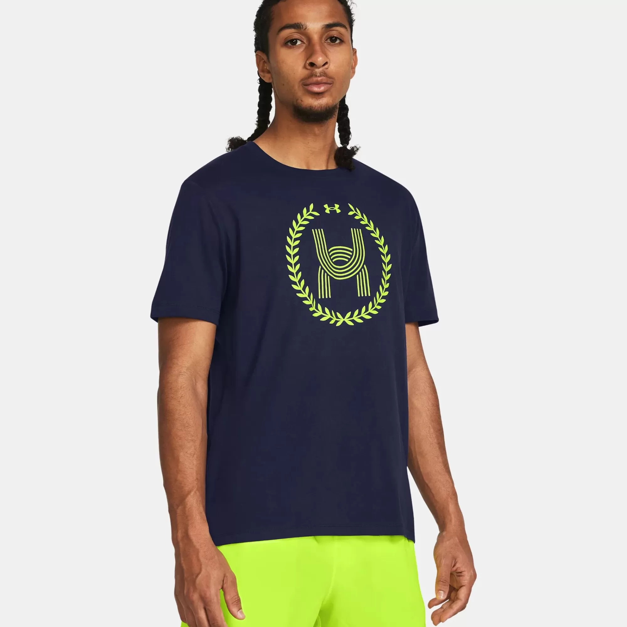 Run Everywhere Wreath SS Running Shirt Men - Dark Blue, Neon Yellow>Under Armour Best